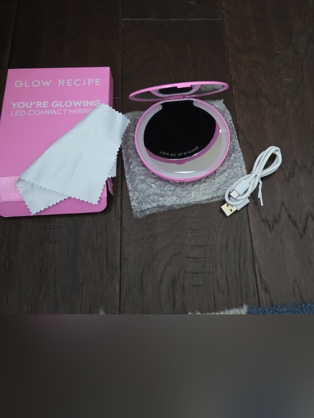 Glow Recipe Pink LED Rechargeable Compact Mirror with USB Cable